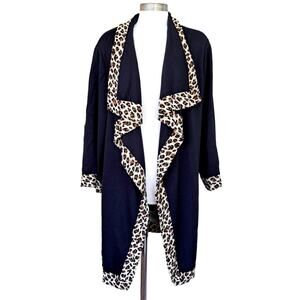 ST JOHN Knit Open Front Cardigan Jacket Dark Navy Leopard Trim Large Long